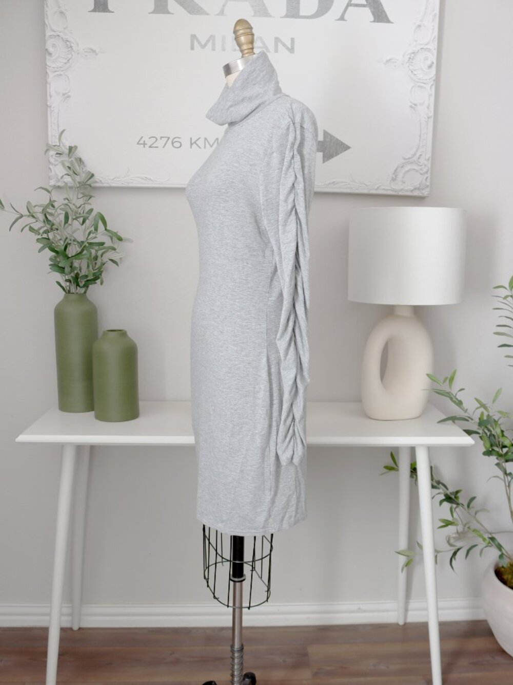 Missguided Gray Ruched Sleeve Turtleneck Midi Dress